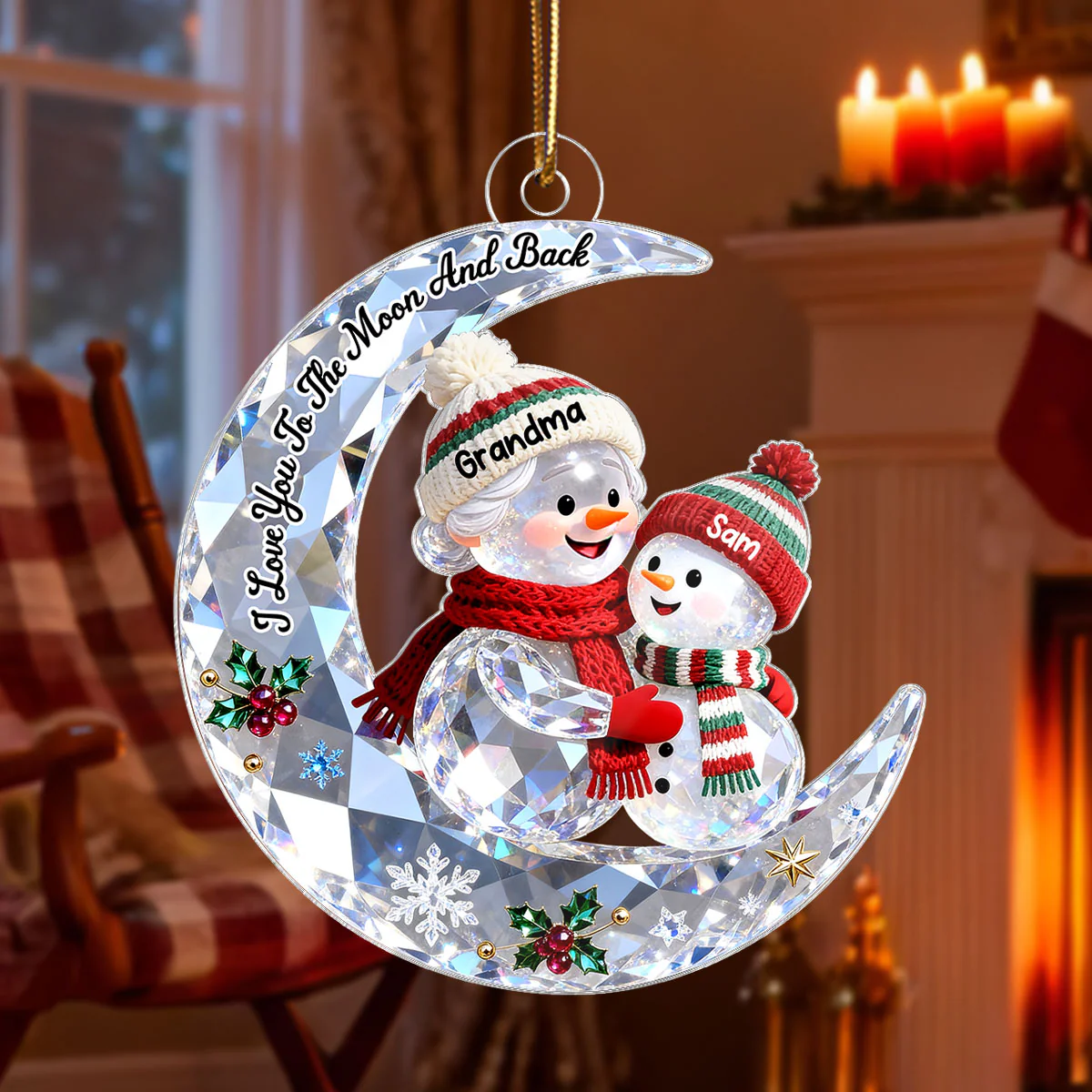 3D Shining Effect Grandma Grandkid Snowman On Moon - Personalized Acrylic Ornament - Heartwarming Gift For Granddaughter, Grandson - Image 3