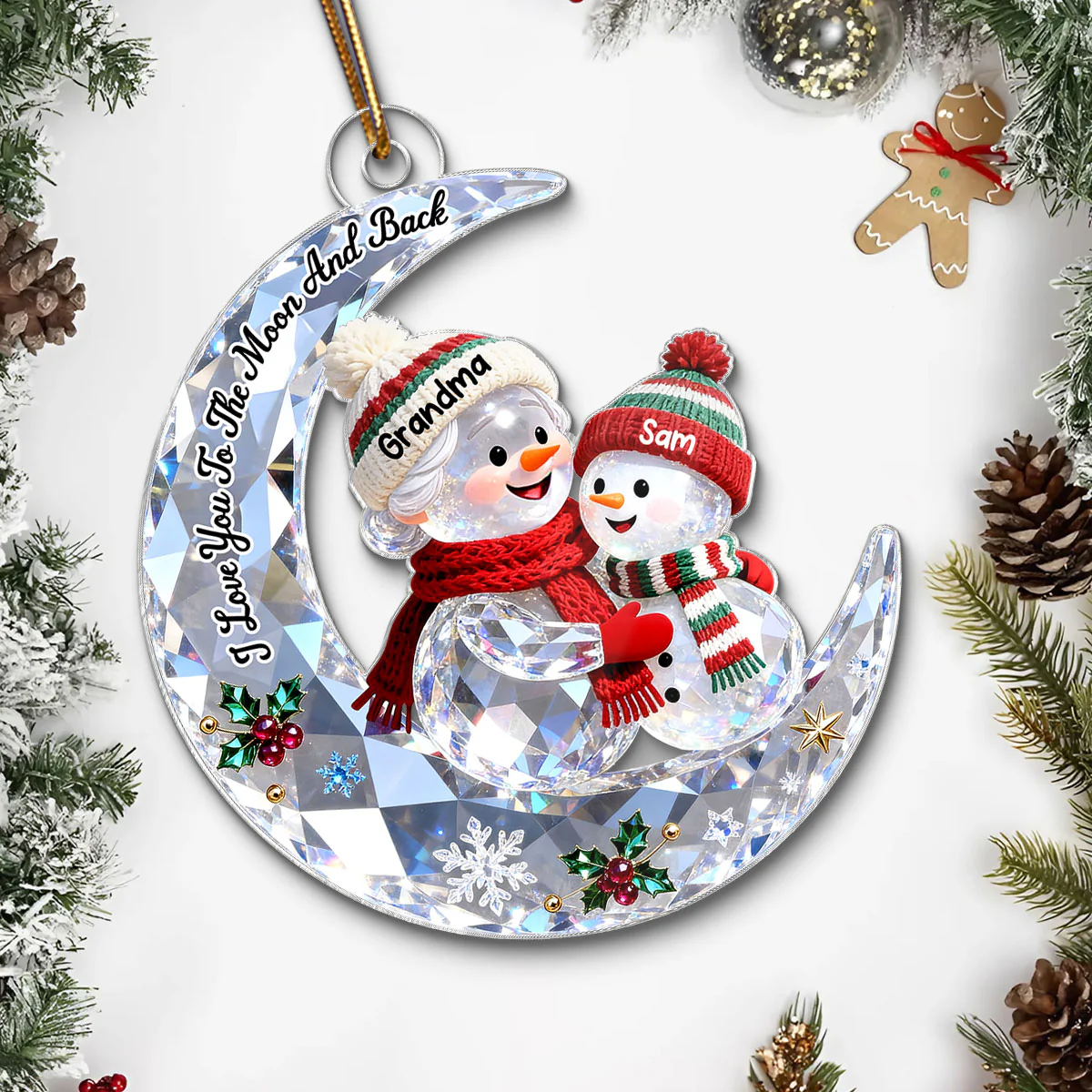 3D Shining Effect Grandma Grandkid Snowman On Moon - Personalized Acrylic Ornament - Heartwarming Gift For Granddaughter, Grandson - Image 4