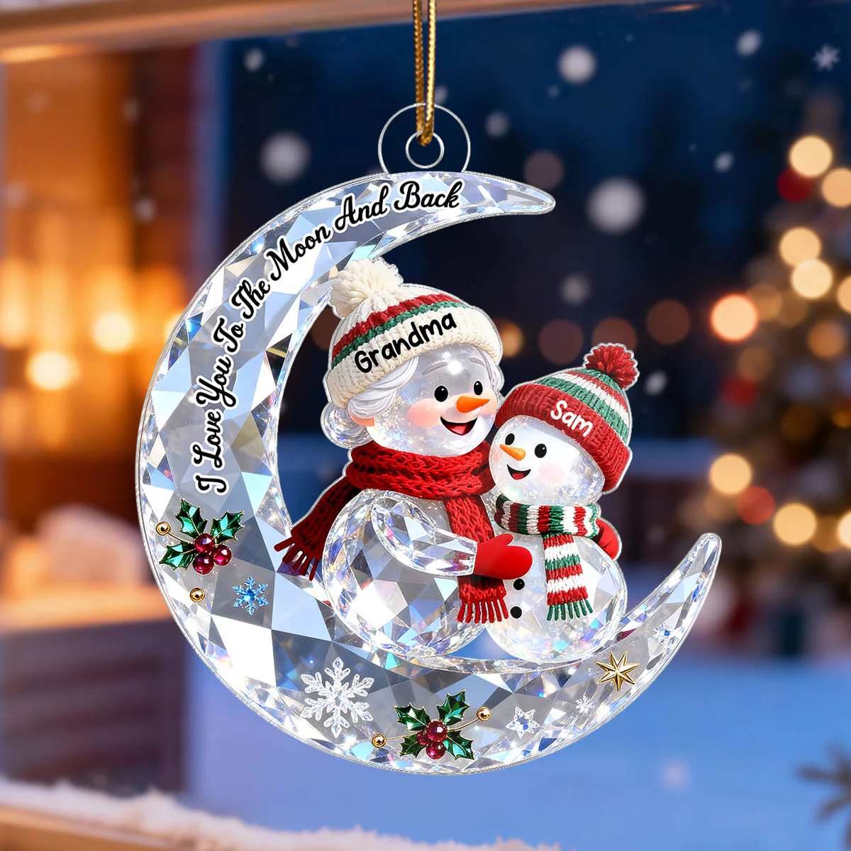 3D Shining Effect Grandma Grandkid Snowman On Moon - Personalized Acrylic Ornament - Heartwarming Gift For Granddaughter, Grandson - Image 5