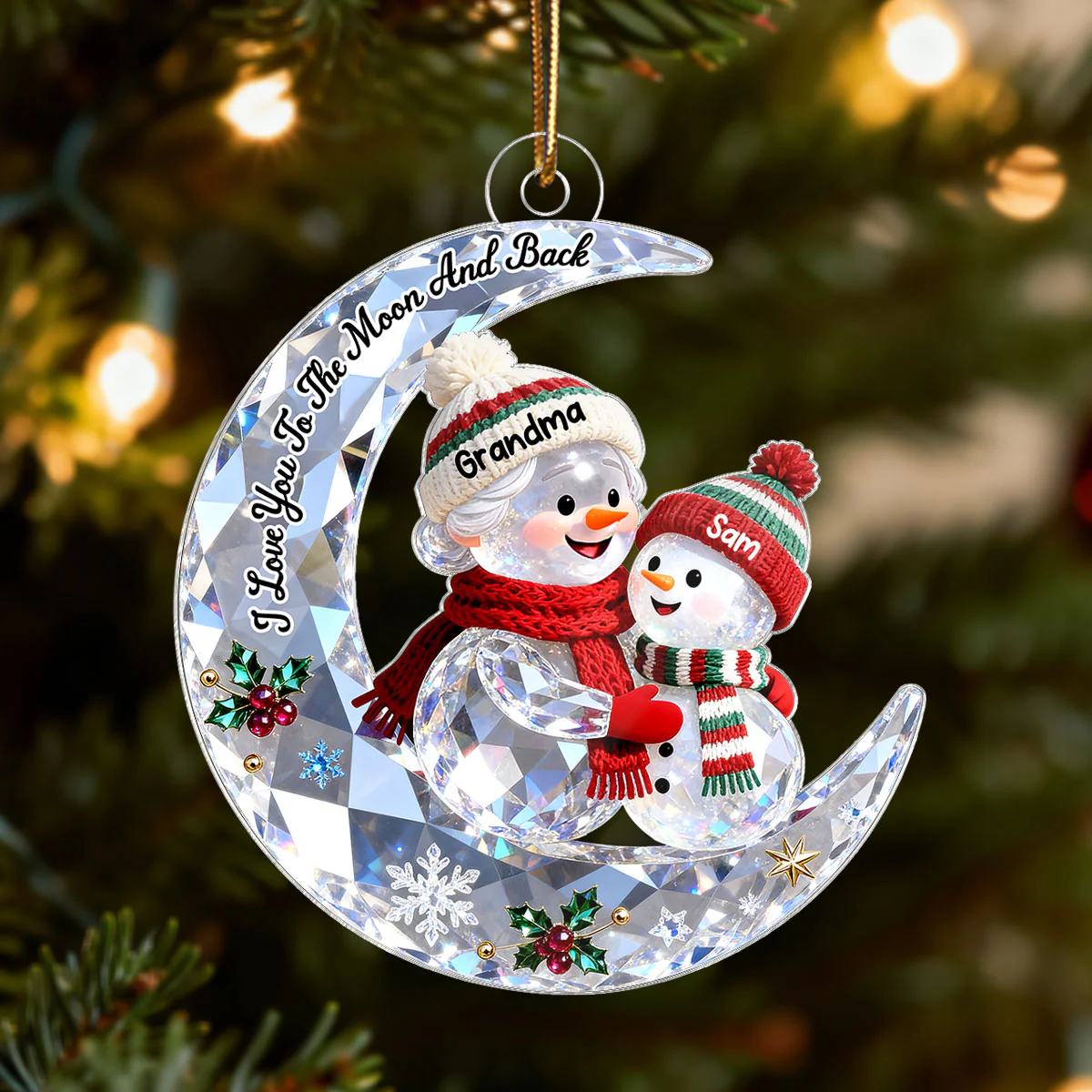 3D Shining Effect Grandma Grandkid Snowman On Moon - Personalized Acrylic Ornament - Heartwarming Gift For Granddaughter, Grandson - Image 6