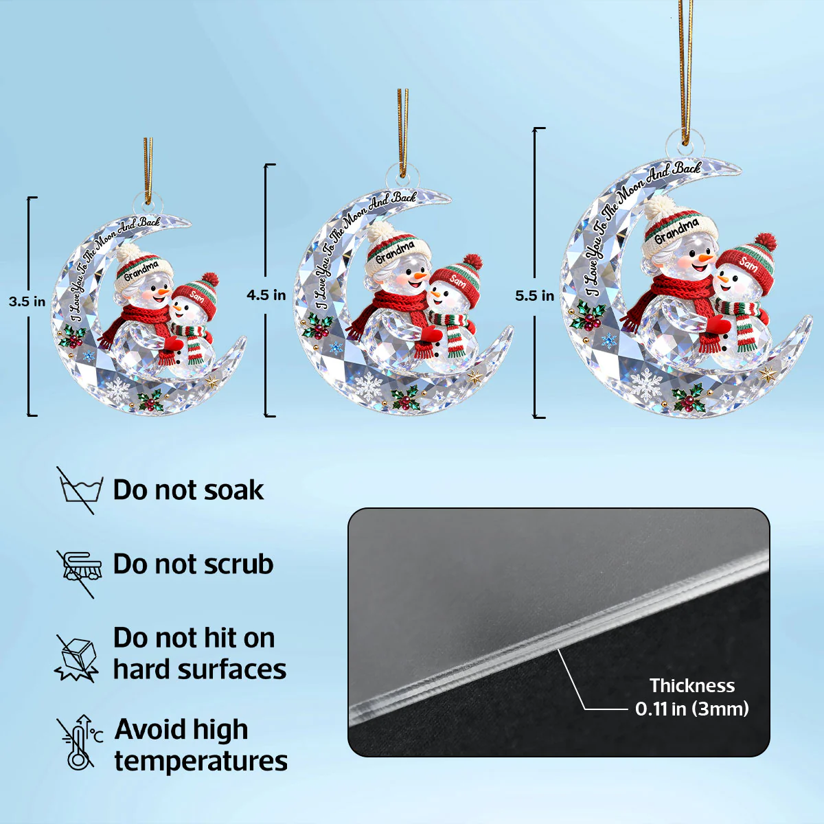 3D Shining Effect Grandma Grandkid Snowman On Moon - Personalized Acrylic Ornament - Heartwarming Gift For Granddaughter, Grandson - Image 7