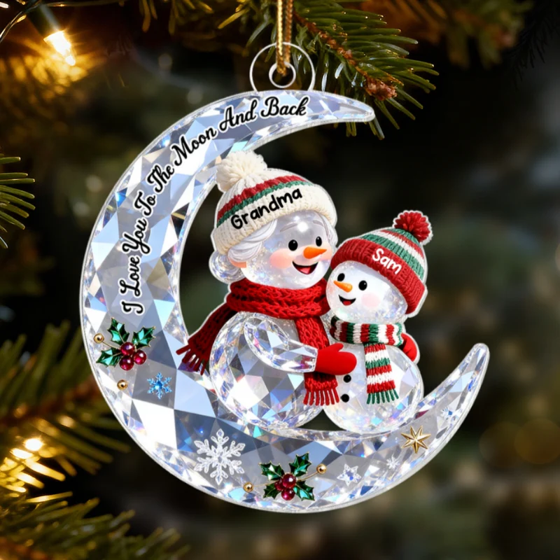 3D Shining Effect Grandma Grandkid Snowman On Moon - Personalized Acrylic Ornament - Heartwarming Gift For Granddaughter, Grandson - Image 8