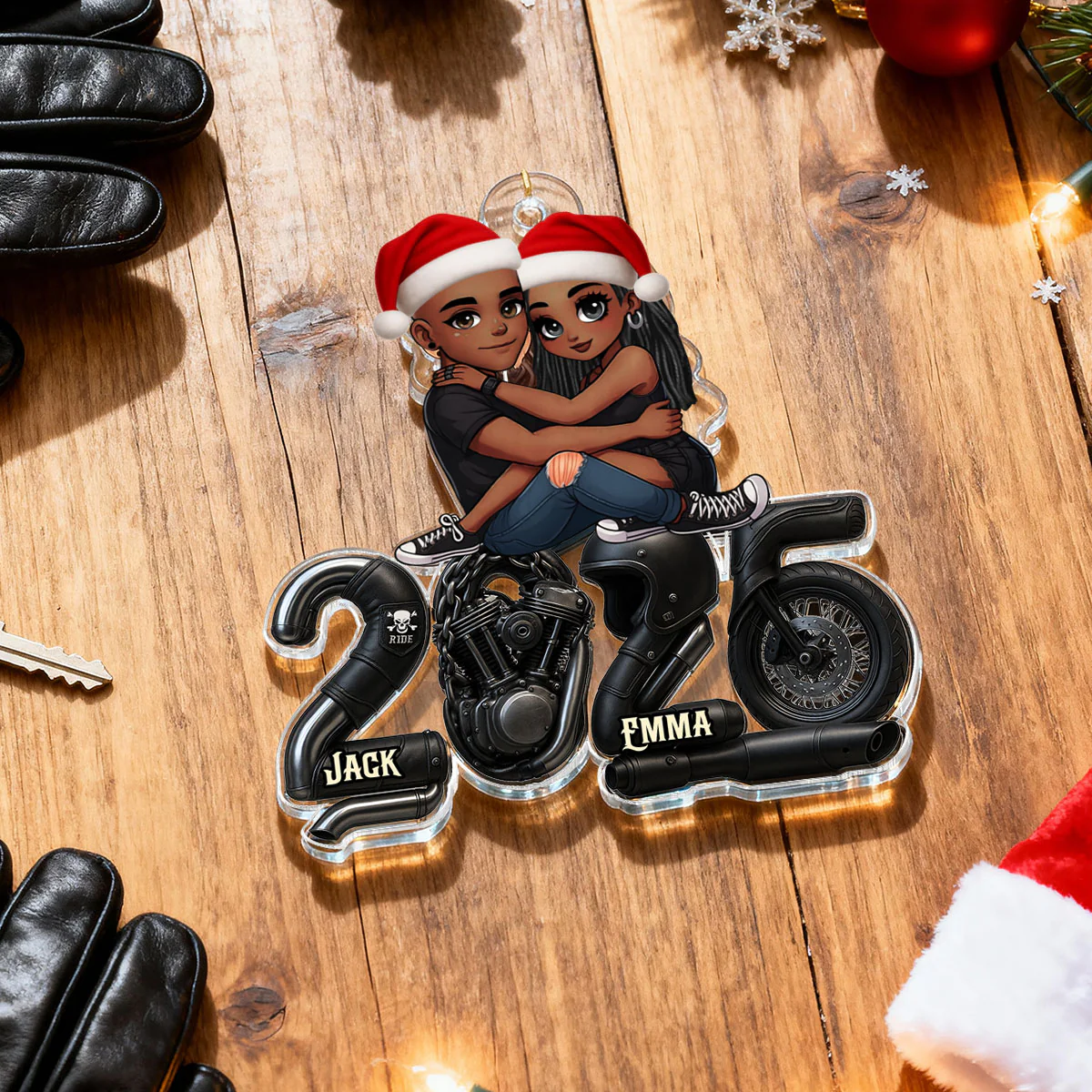 3D Effect Biker Couple- Personalized Acrylic Car Hanger- Gift For Bikers, Gift For Him, For Her - Image 3