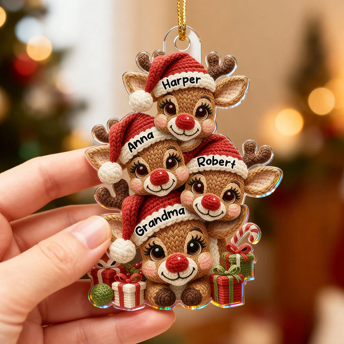 3D Effect Faux Yarn Grandma & Grandkids Reindeer Christmas - Personalized Acrylic Ornament - Gift for Grandma, Grandkids - Image 10