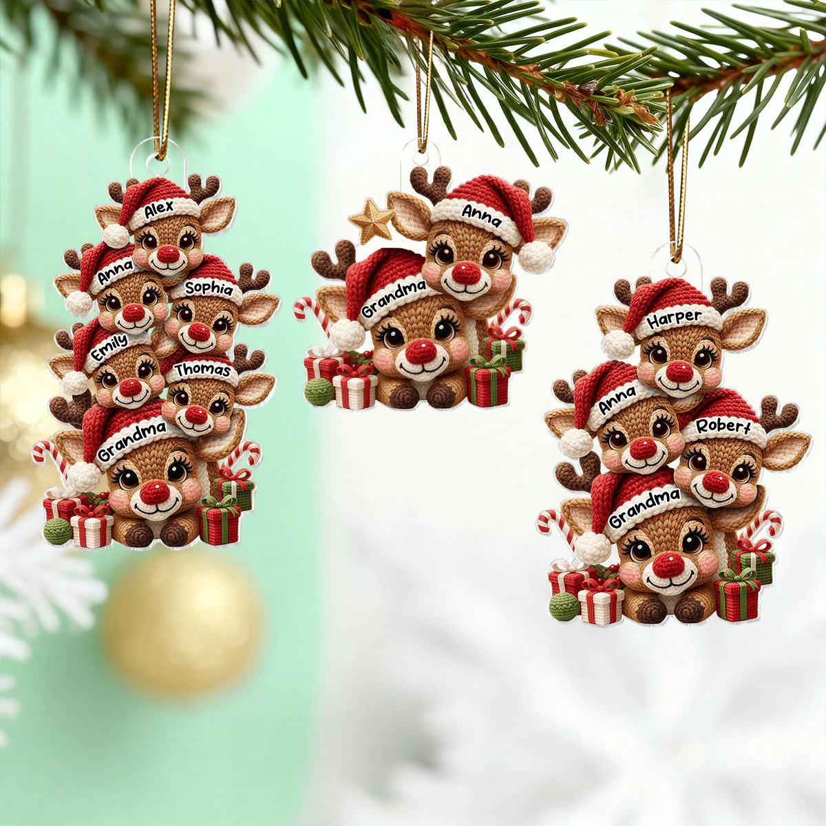 3D Effect Faux Yarn Grandma & Grandkids Reindeer Christmas - Personalized Acrylic Ornament - Gift for Grandma, Grandkids - Image 11