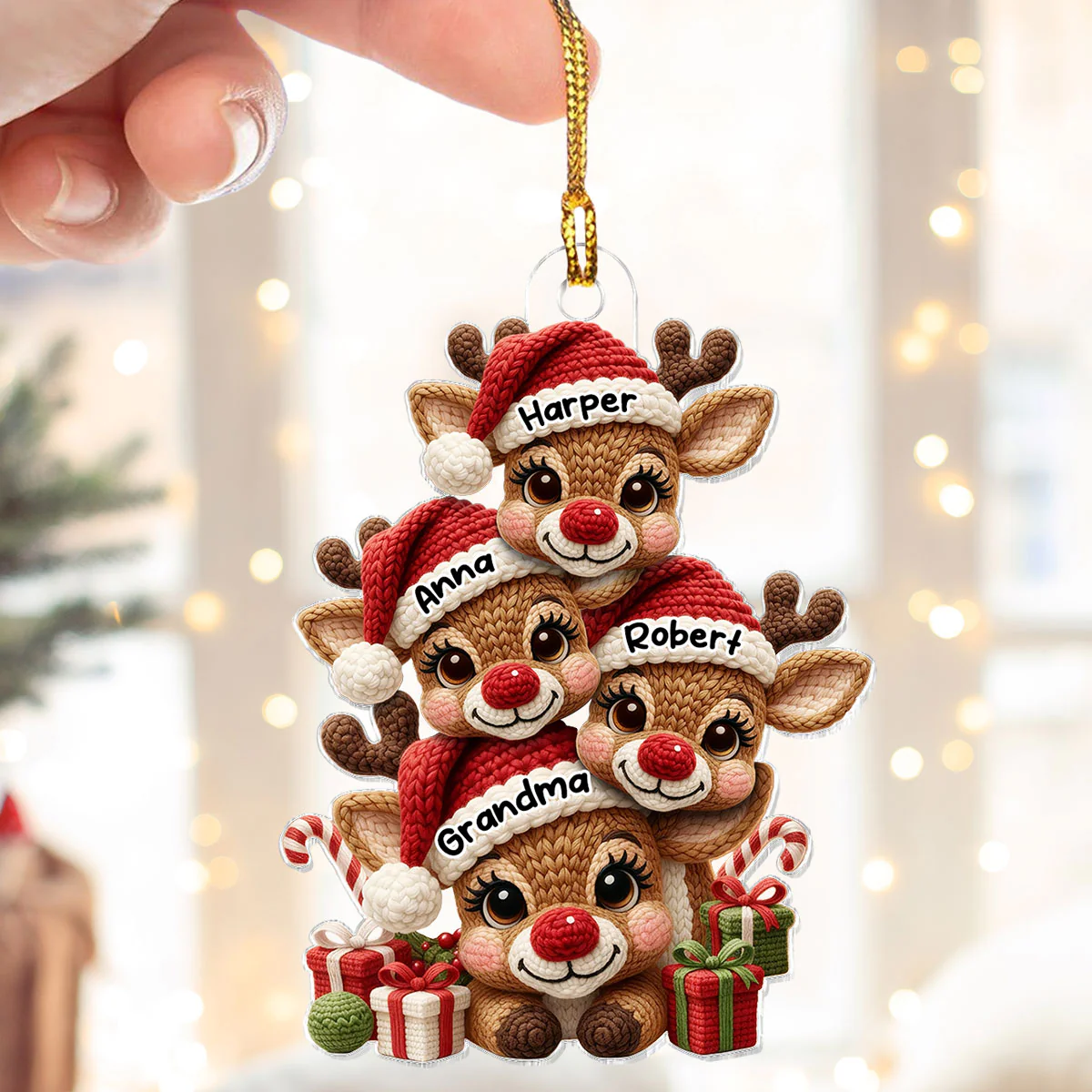 3D Effect Faux Yarn Grandma & Grandkids Reindeer Christmas - Personalized Acrylic Ornament - Gift for Grandma, Grandkids - Image 3