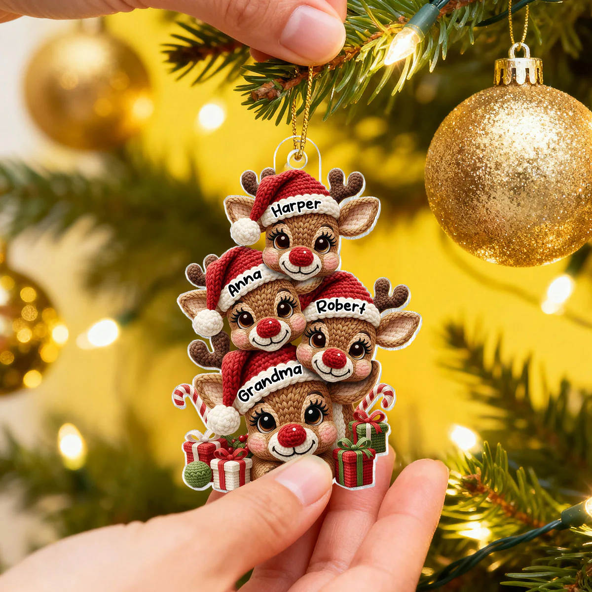 3D Effect Faux Yarn Grandma & Grandkids Reindeer Christmas - Personalized Acrylic Ornament - Gift for Grandma, Grandkids - Image 4
