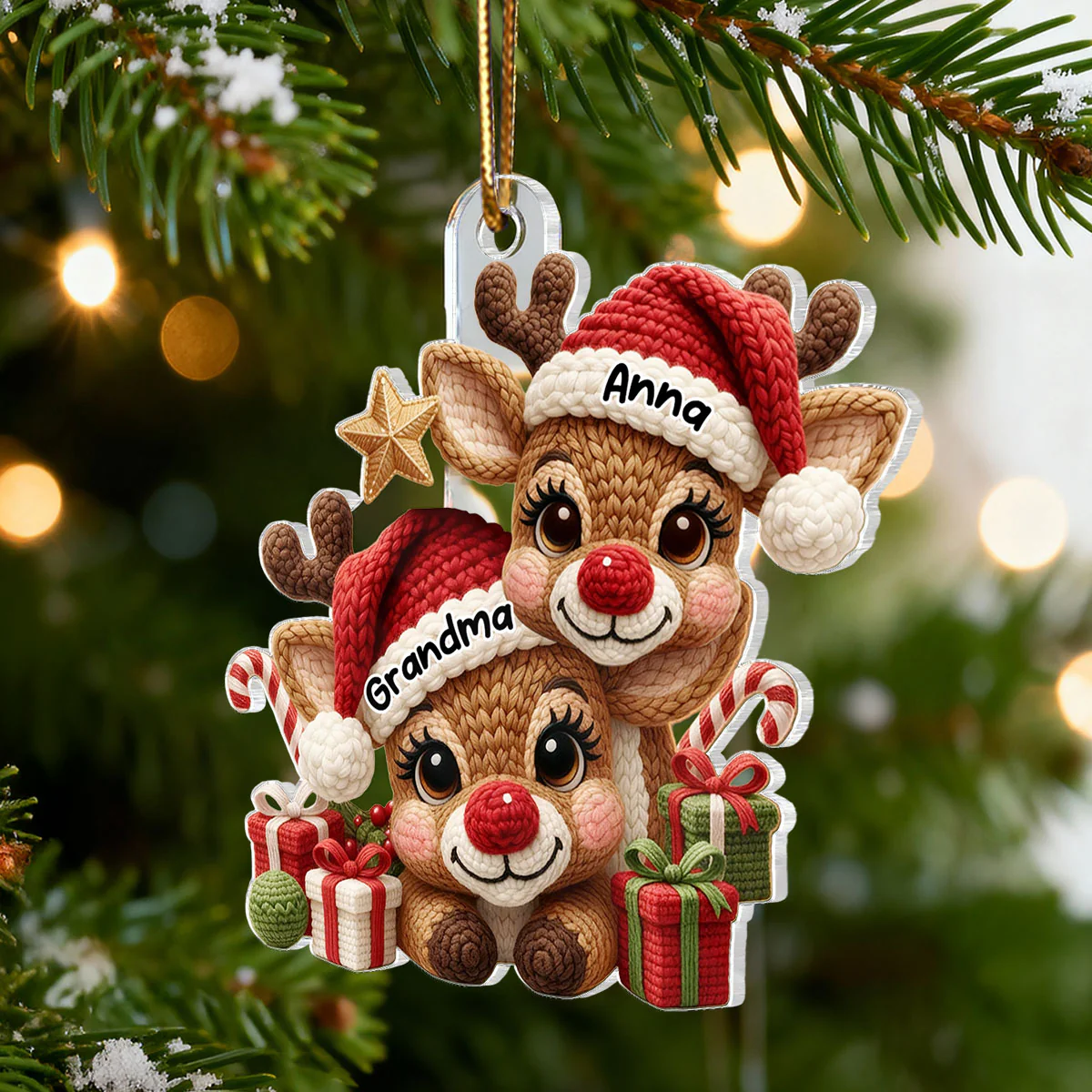 3D Effect Faux Yarn Grandma & Grandkids Reindeer Christmas - Personalized Acrylic Ornament - Gift for Grandma, Grandkids - Image 9