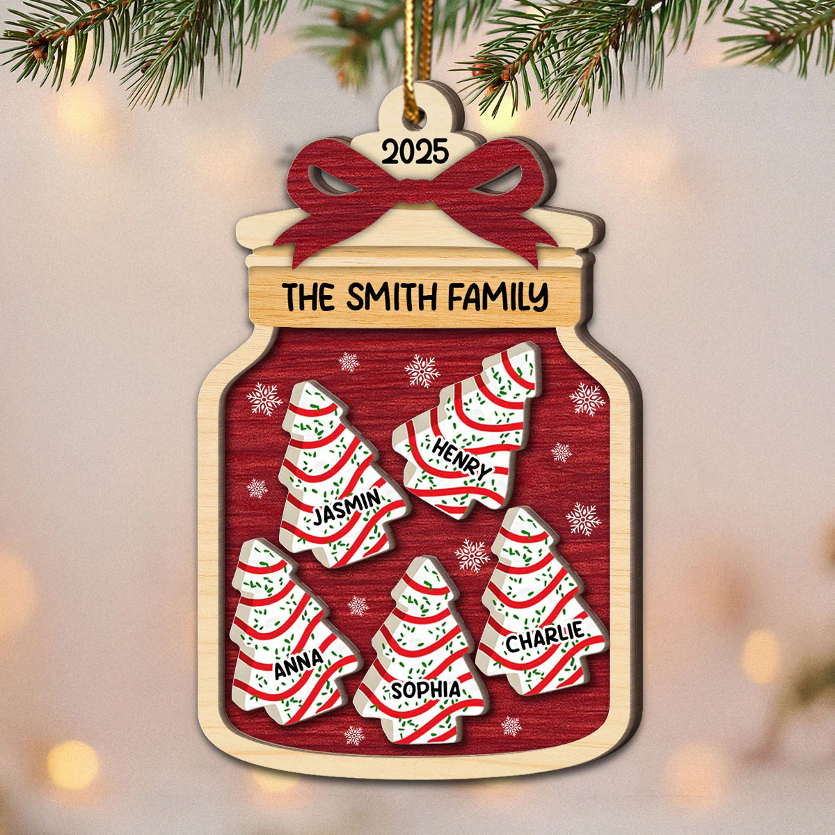 3D Effect Festive Christmas Family Mason Jar Christmas Tree Cakes - Personalized 2-Layered Wooden Ornament - Image 10