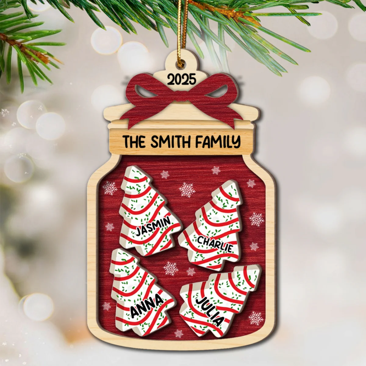 3D Effect Festive Christmas Family Mason Jar Christmas Tree Cakes - Personalized 2-Layered Wooden Ornament - Image 12