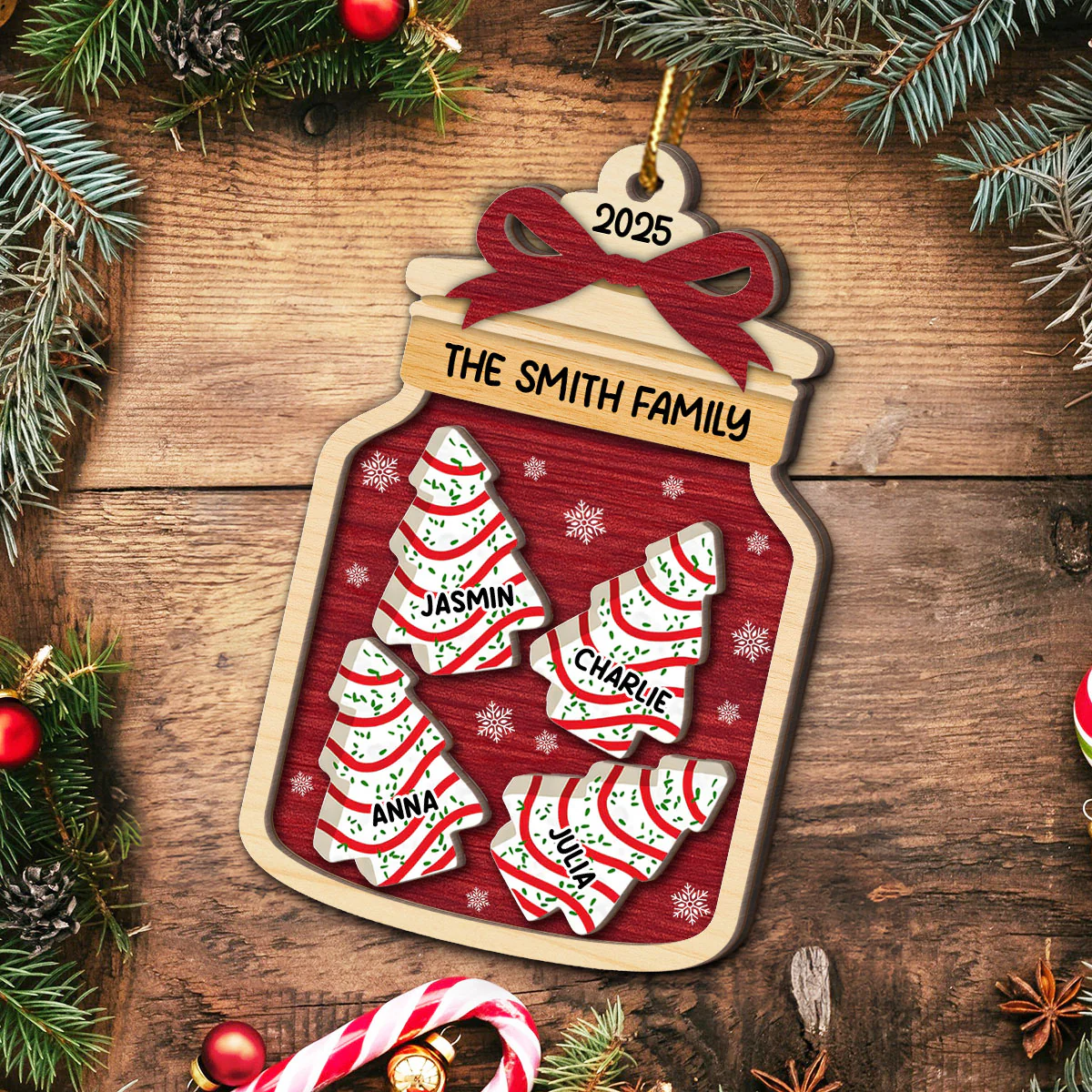 3D Effect Festive Christmas Family Mason Jar Christmas Tree Cakes - Personalized 2-Layered Wooden Ornament - Image 3