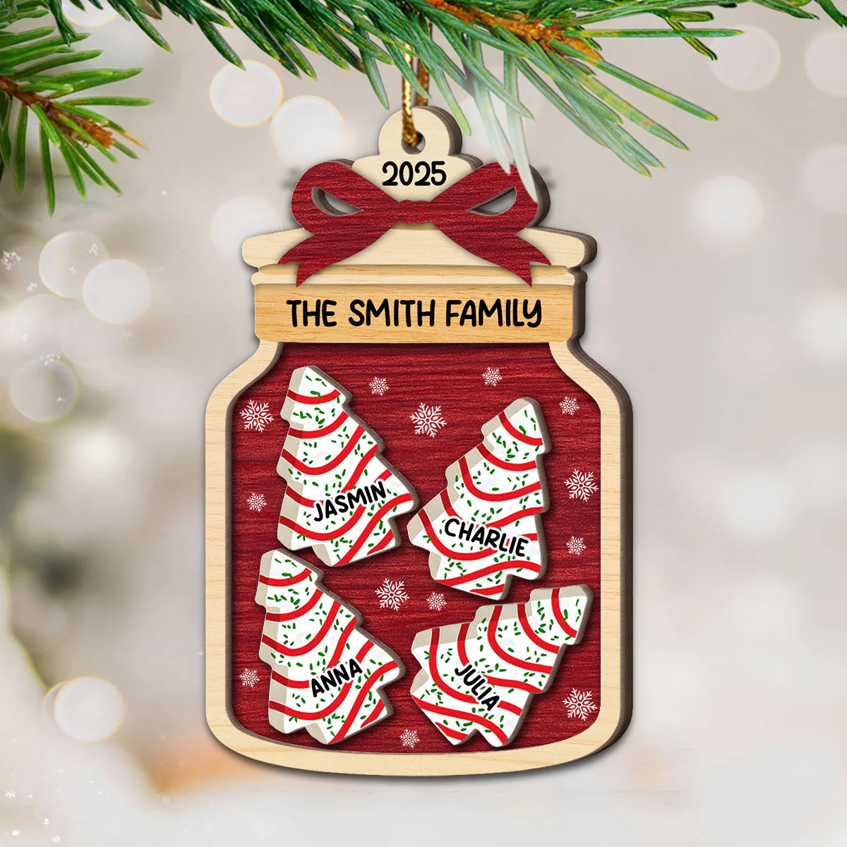 3D Effect Festive Christmas Family Mason Jar Christmas Tree Cakes - Personalized 2-Layered Wooden Ornament - Image 4