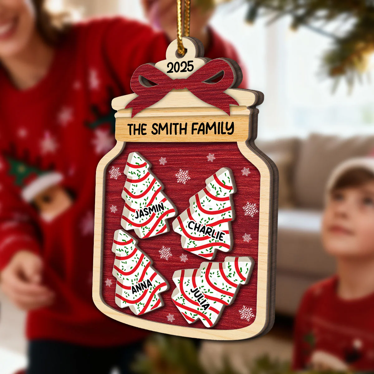 3D Effect Festive Christmas Family Mason Jar Christmas Tree Cakes - Personalized 2-Layered Wooden Ornament - Image 5