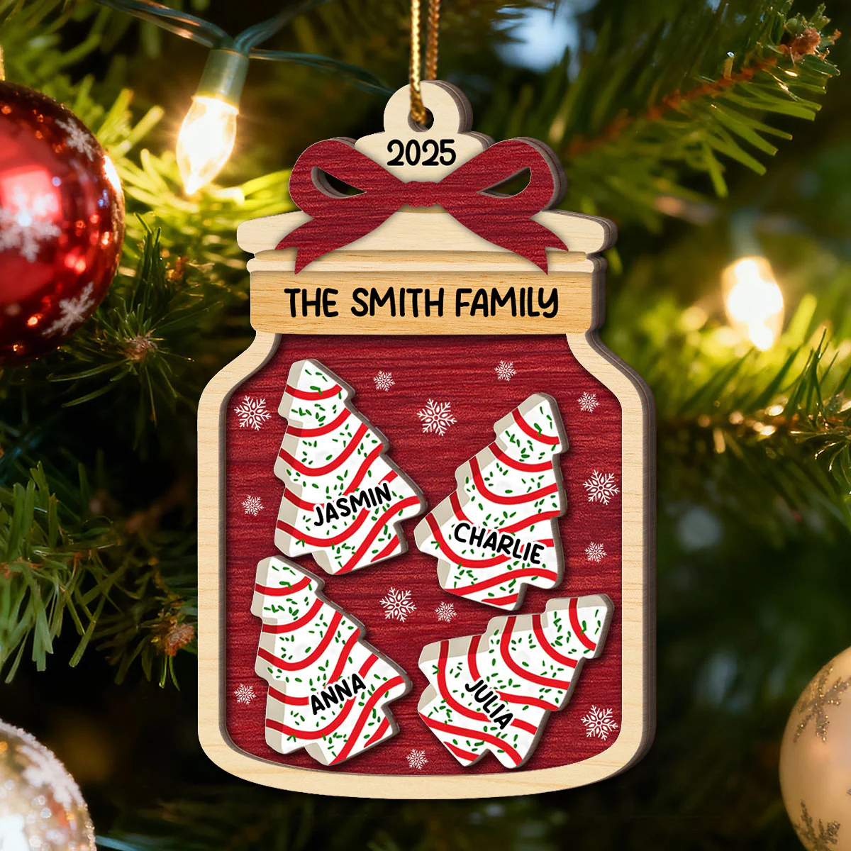 3D Effect Festive Christmas Family Mason Jar Christmas Tree Cakes - Personalized 2-Layered Wooden Ornament - Image 6
