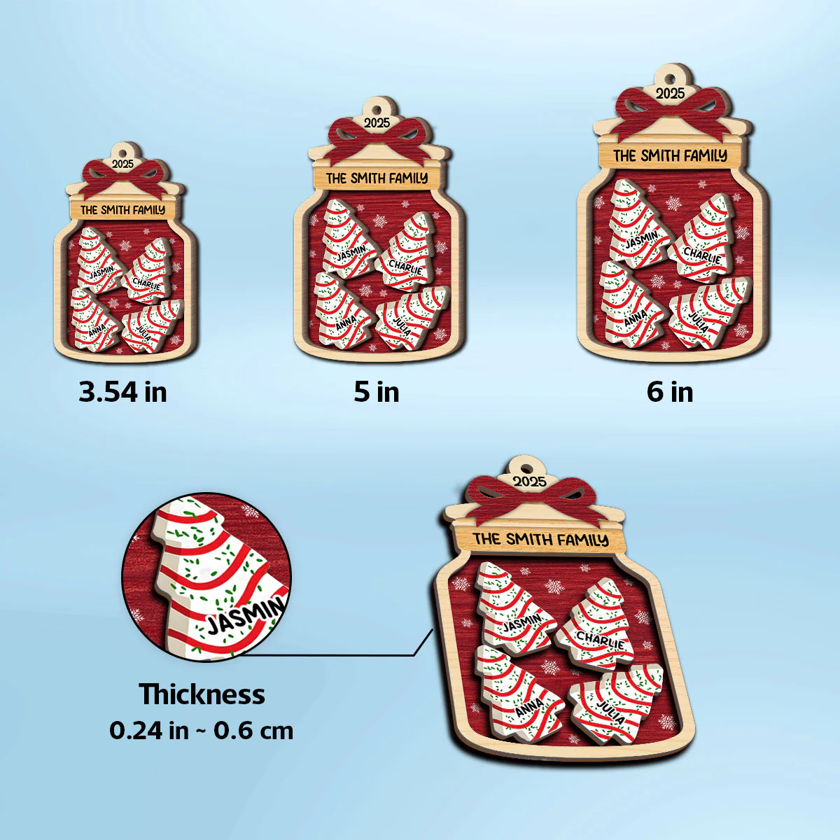 3D Effect Festive Christmas Family Mason Jar Christmas Tree Cakes - Personalized 2-Layered Wooden Ornament - Image 7