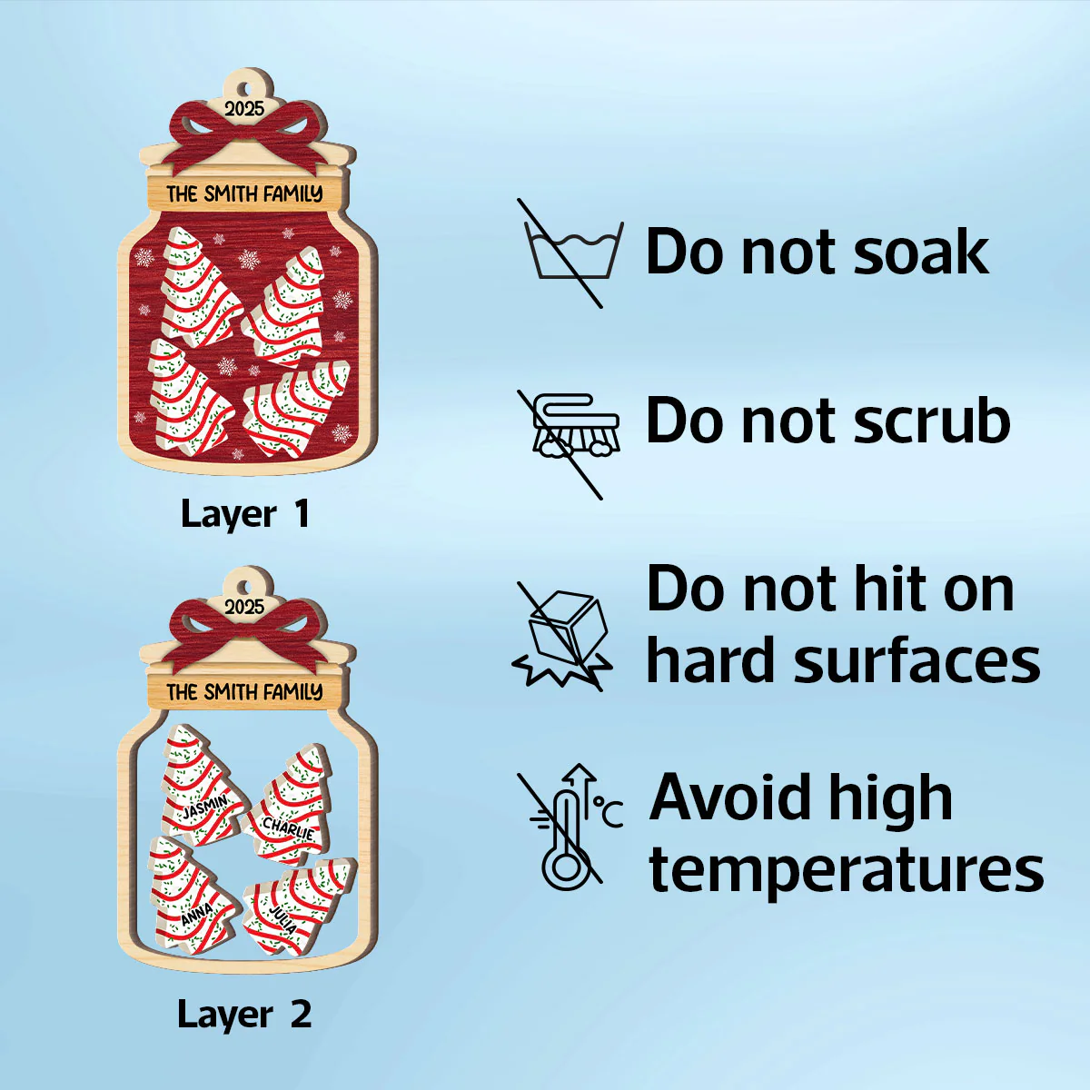 3D Effect Festive Christmas Family Mason Jar Christmas Tree Cakes - Personalized 2-Layered Wooden Ornament - Image 8