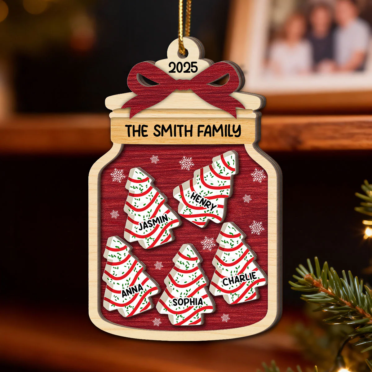3D Effect Festive Christmas Family Mason Jar Christmas Tree Cakes - Personalized 2-Layered Wooden Ornament - Image 9