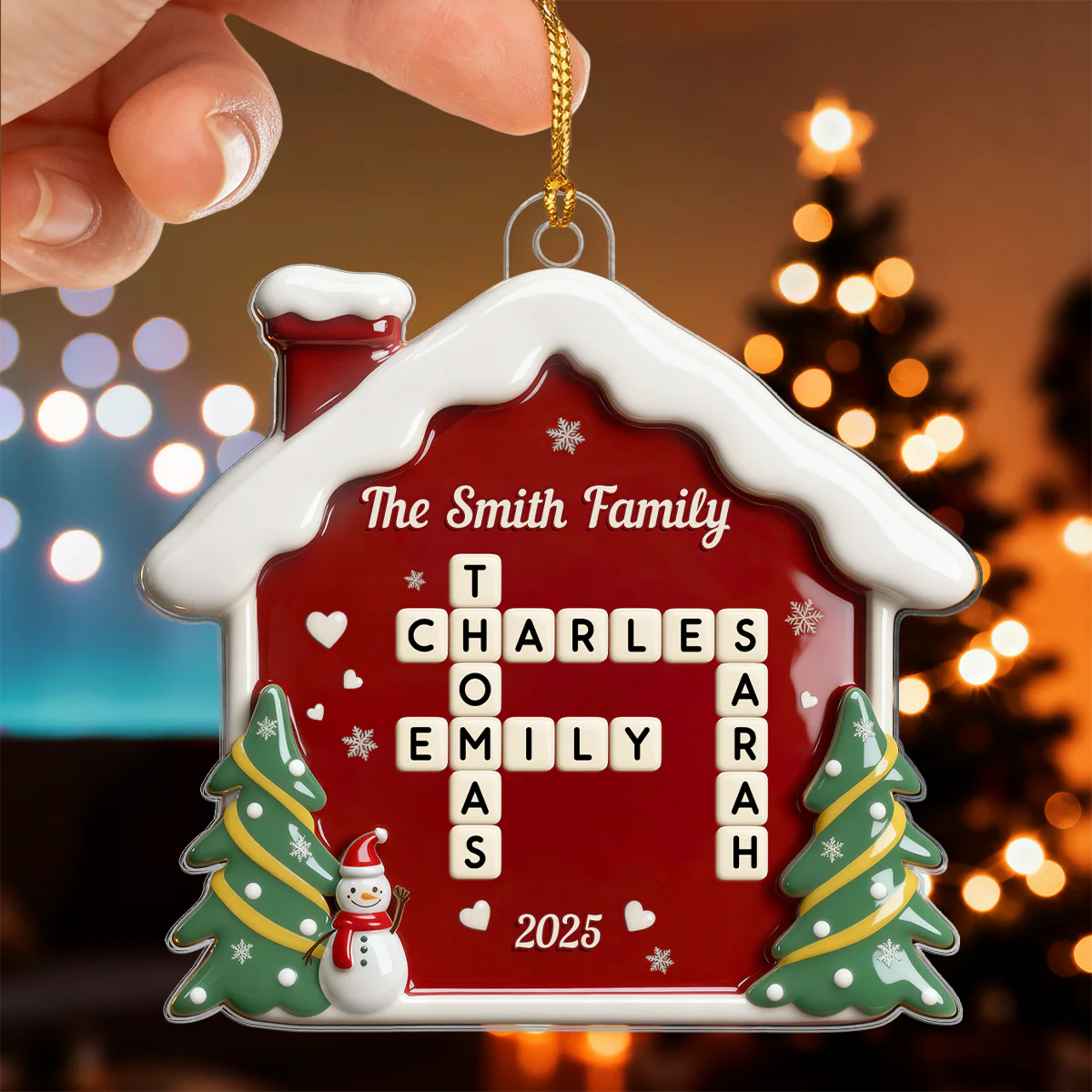 3D Effect Festive Christmas House Family Forever Linked Together Crossword Puzzle Art - Personalized Acrylic Ornament - Gift For Family - Image 3