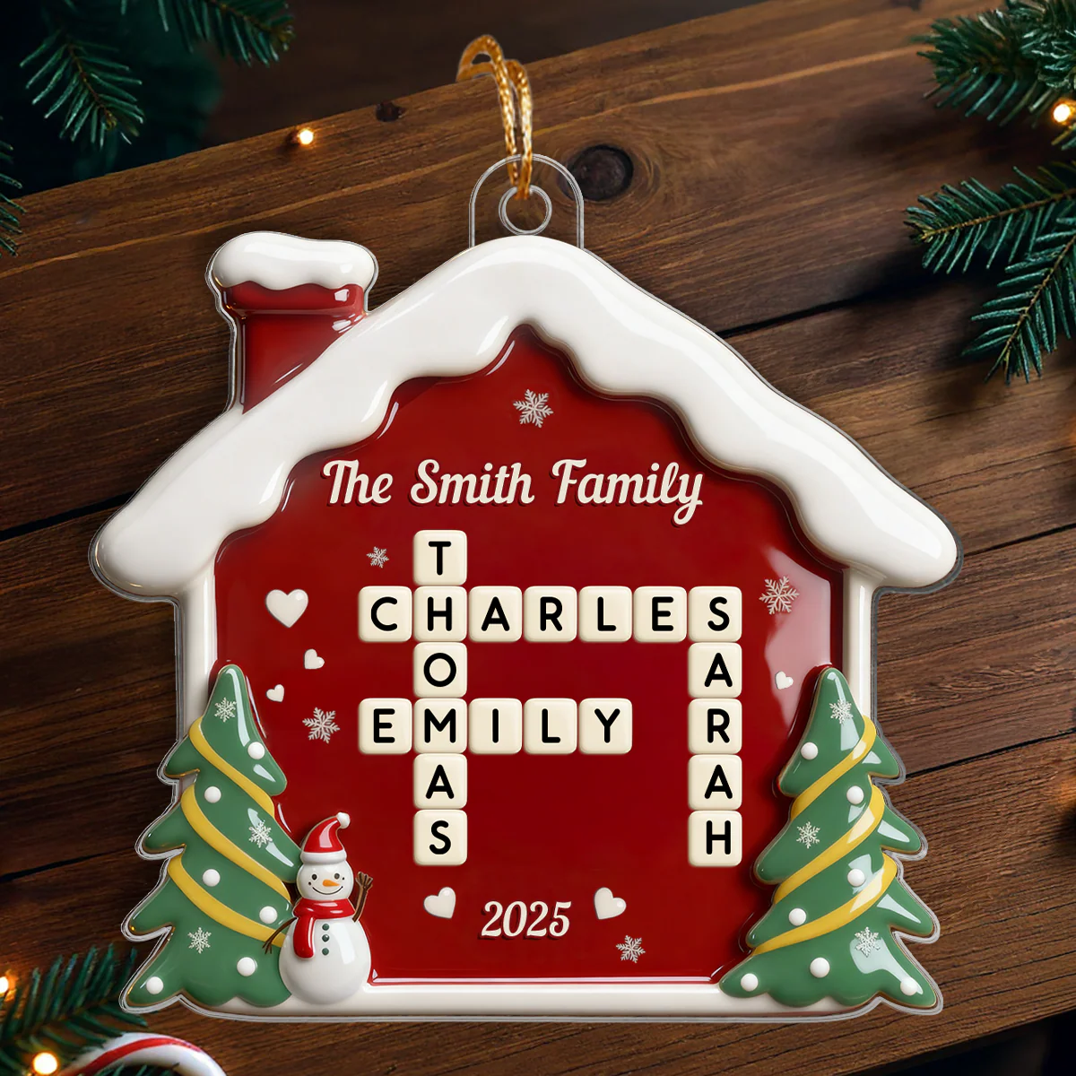 3D Effect Festive Christmas House Family Forever Linked Together Crossword Puzzle Art - Personalized Acrylic Ornament - Gift For Family - Image 4