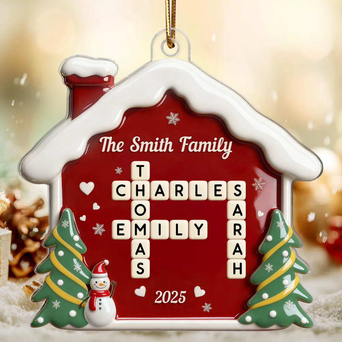 3D Effect Festive Christmas House Family Forever Linked Together Crossword Puzzle Art - Personalized Acrylic Ornament - Gift For Family - Image 5