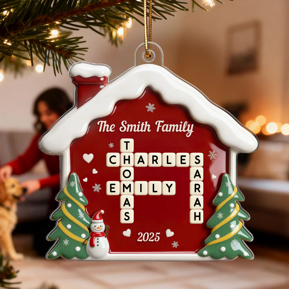 3D Effect Festive Christmas House Family Forever Linked Together Crossword Puzzle Art - Personalized Acrylic Ornament - Gift For Family - Image 6