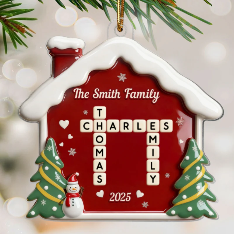 3D Effect Festive Christmas House Family Forever Linked Together Crossword Puzzle Art - Personalized Acrylic Ornament - Gift For Family - Image 8
