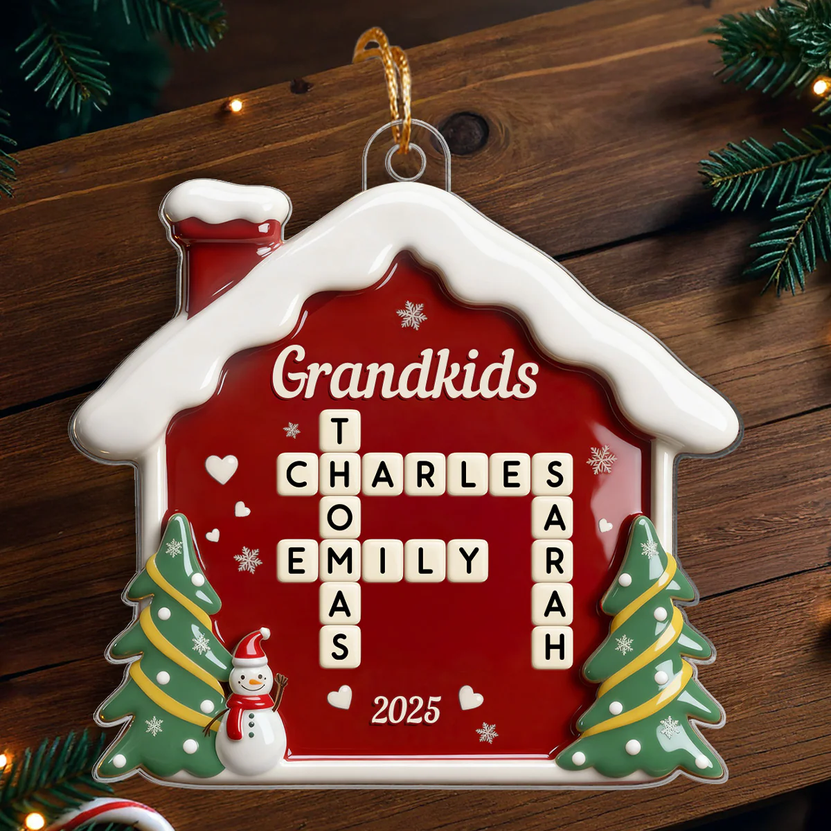 3D Effect Festive Christmas House Grandparents Grandkids Forever Linked Together Crossword Puzzle Art - Personalized Acrylic Ornament - Image 3