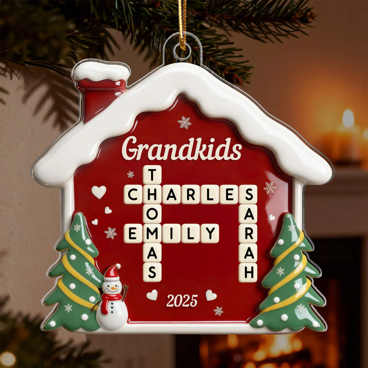 3D Effect Festive Christmas House Grandparents Grandkids Forever Linked Together Crossword Puzzle Art - Personalized Acrylic Ornament - Image 4