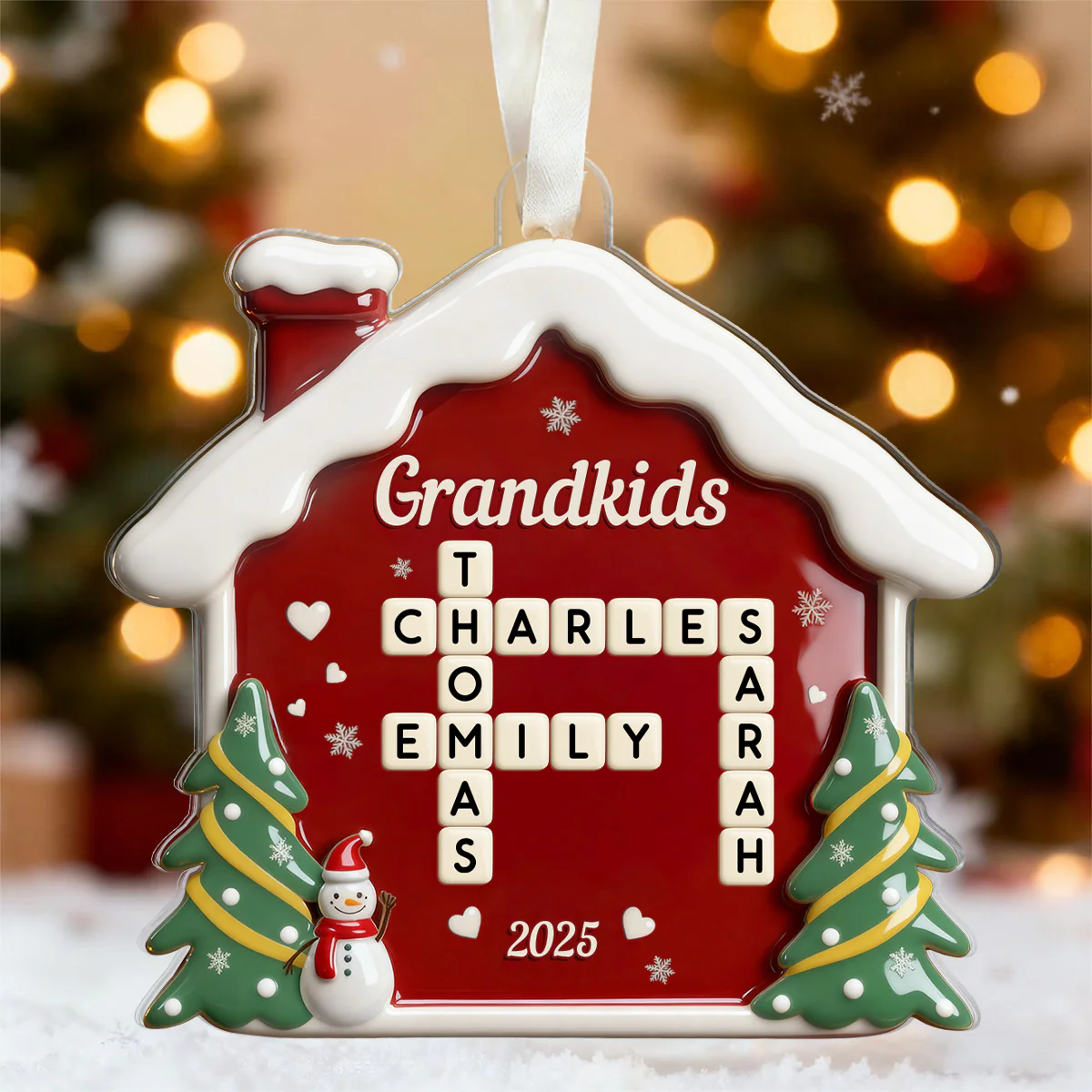 3D Effect Festive Christmas House Grandparents Grandkids Forever Linked Together Crossword Puzzle Art - Personalized Acrylic Ornament - Image 5