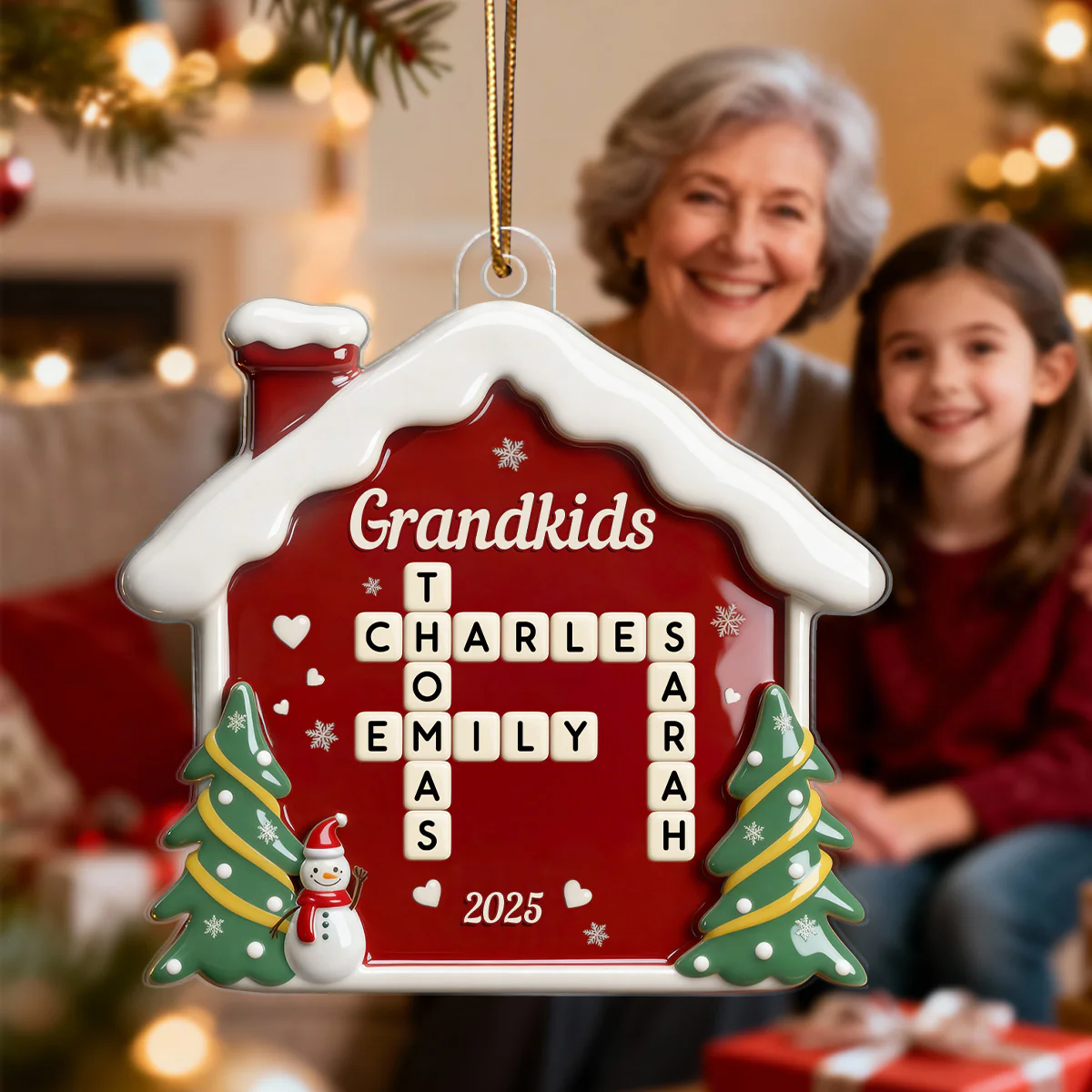 3D Effect Festive Christmas House Grandparents Grandkids Forever Linked Together Crossword Puzzle Art - Personalized Acrylic Ornament - Image 6