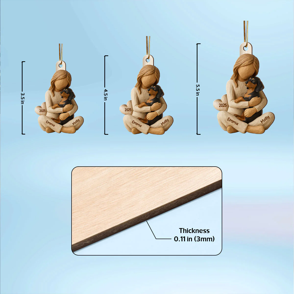 3D Effect Girl & Her Dog - Personalized Wooden Ornament - Gift For Dog Lover - Image 5