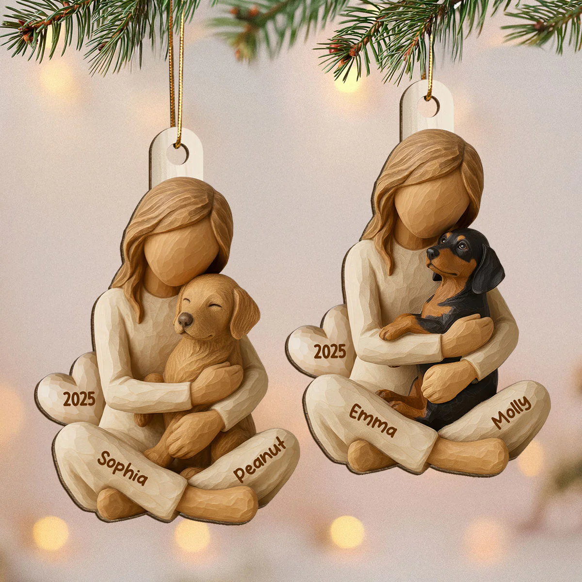 3D Effect Girl & Her Dog - Personalized Wooden Ornament - Gift For Dog Lover - Image 6