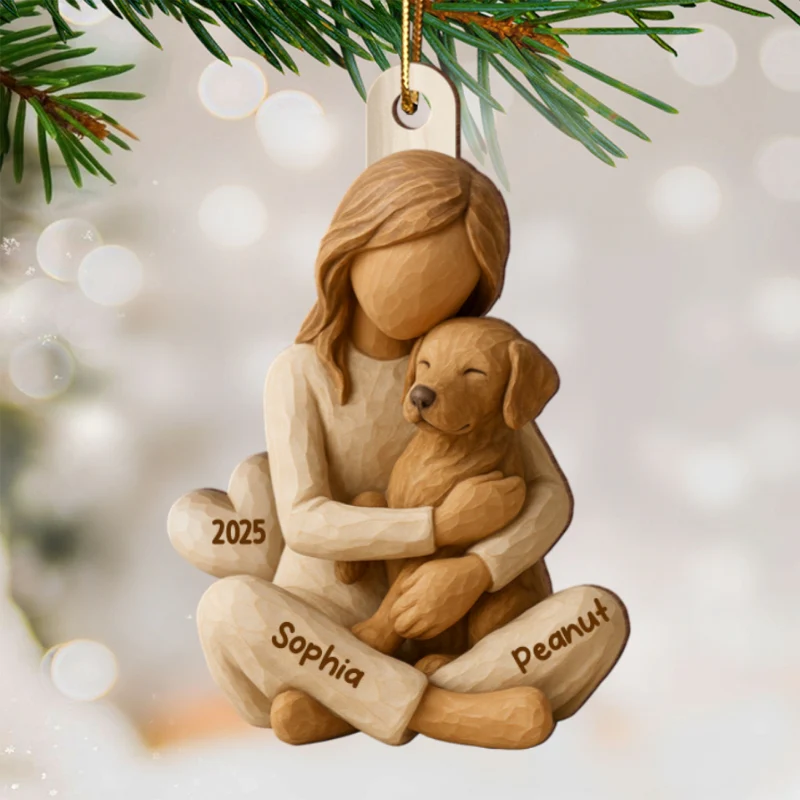 3D Effect Girl & Her Dog - Personalized Wooden Ornament - Gift For Dog Lover - Image 8