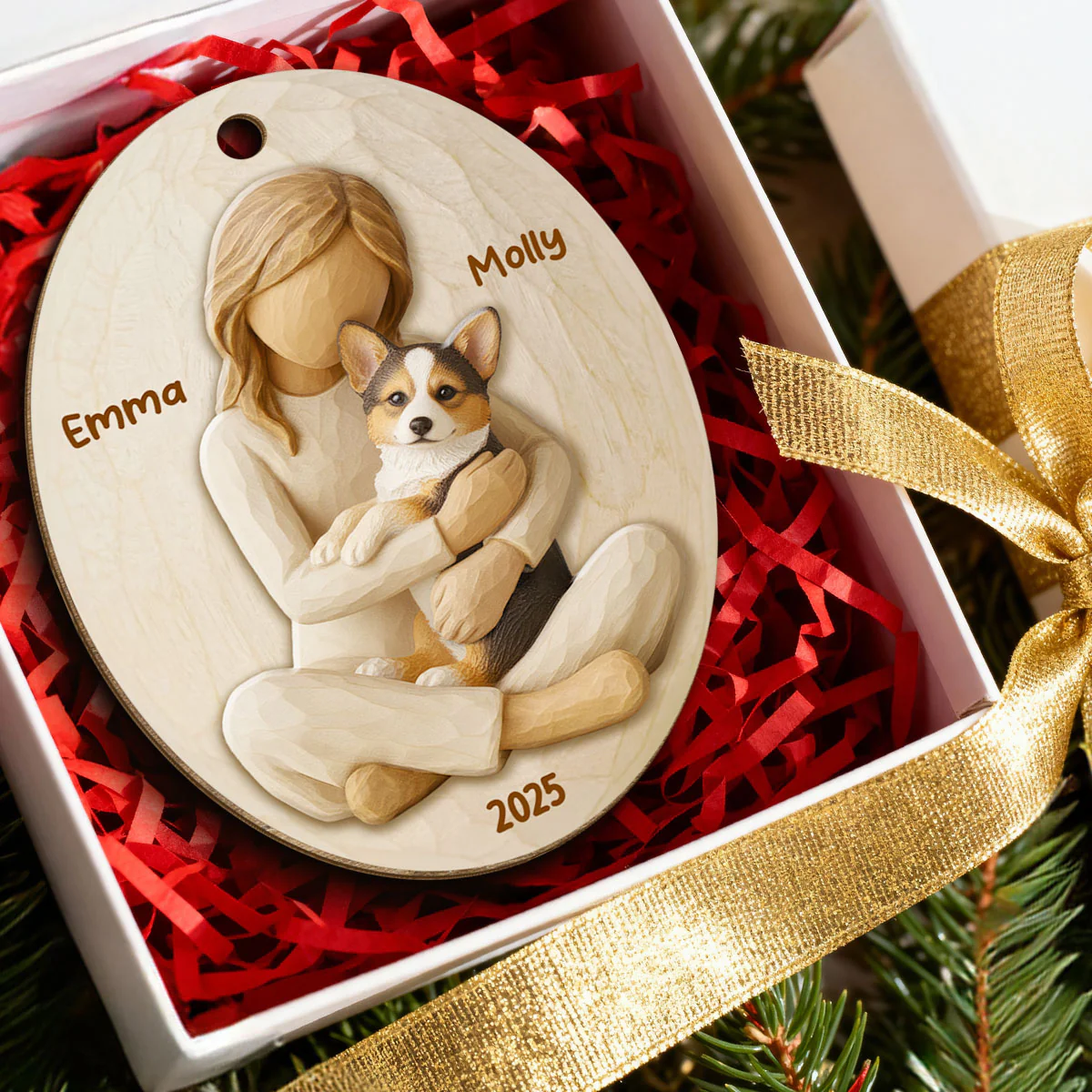 3D Effect Girl & Her Dog - Personalized Wooden Ornament - Gift For Dog Lover - Image 3