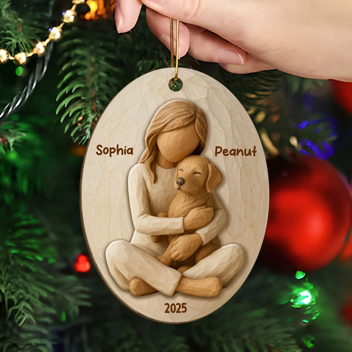 3D Effect Girl & Her Dog - Personalized Wooden Ornament - Gift For Dog Lover - Image 4