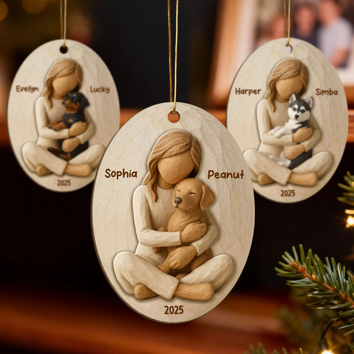 3D Effect Girl & Her Dog - Personalized Wooden Ornament - Gift For Dog Lover - Image 6