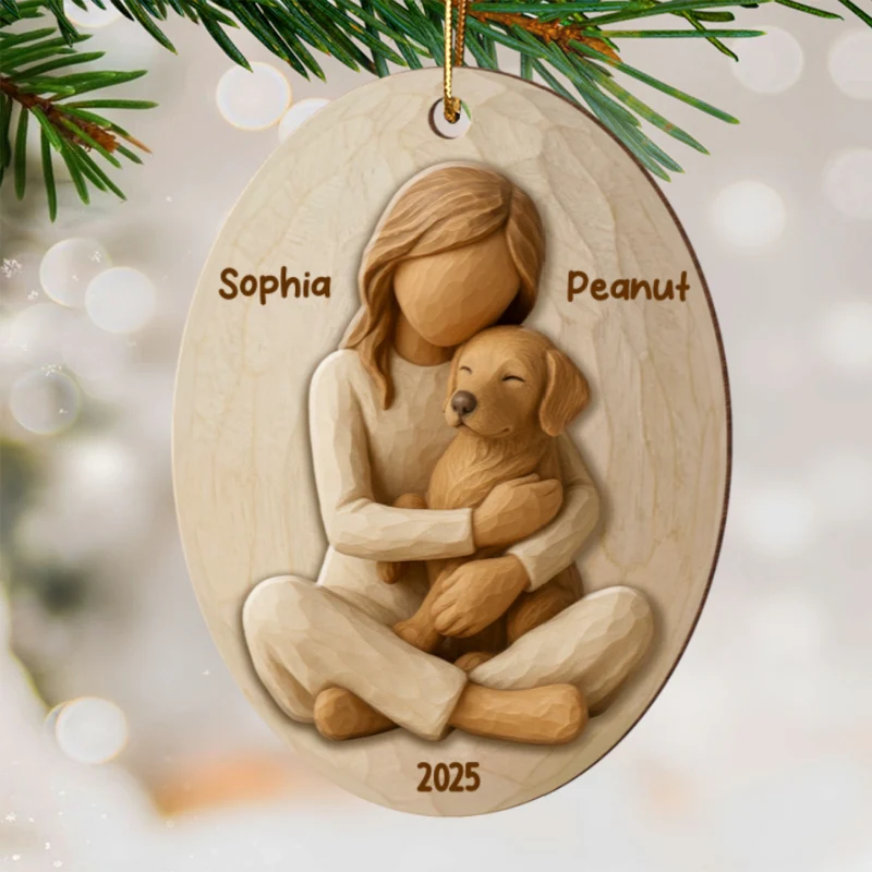 3D Effect Girl & Her Dog - Personalized Wooden Ornament - Gift For Dog Lover - Image 8