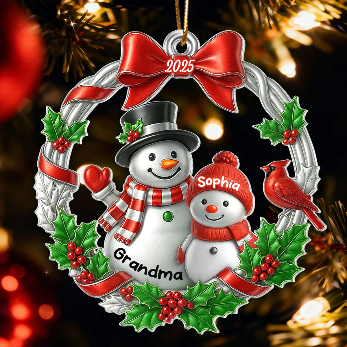 3D Metallic Effect Snowman Grandma Grandkid - Personalized Acrylic Ornament - Christmas Gift for Grandma - Image 4