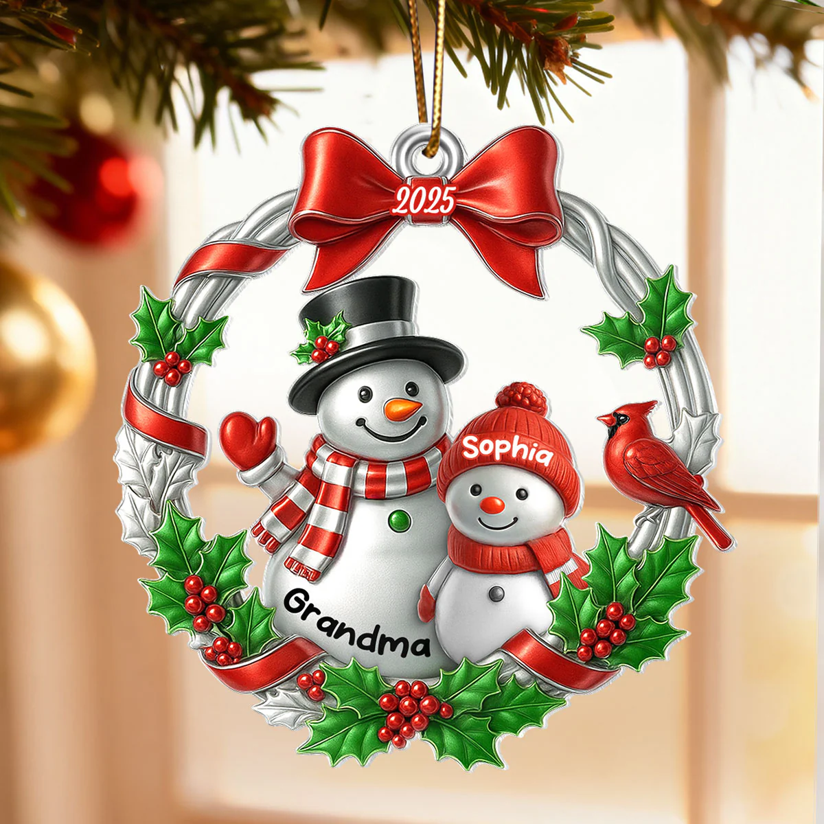 3D Metallic Effect Snowman Grandma Grandkid - Personalized Acrylic Ornament - Christmas Gift for Grandma - Image 5