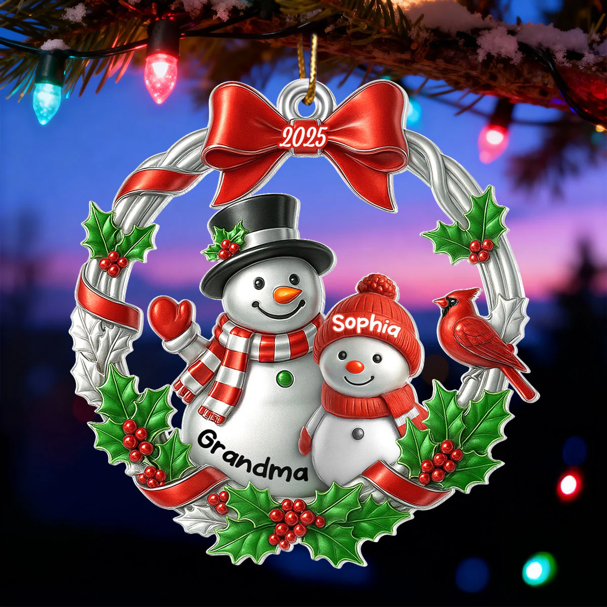 3D Metallic Effect Snowman Grandma Grandkid - Personalized Acrylic Ornament - Christmas Gift for Grandma - Image 6