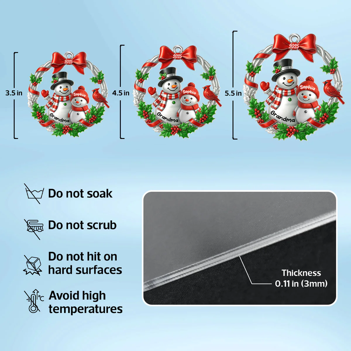 3D Metallic Effect Snowman Grandma Grandkid - Personalized Acrylic Ornament - Christmas Gift for Grandma - Image 7