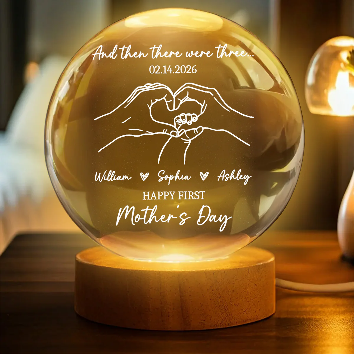 And Then There Were Three Happy First Mother's Day - Personalized Crystal Ball LED Night Light - First Mother's Day Gift For New Mom - Image 3