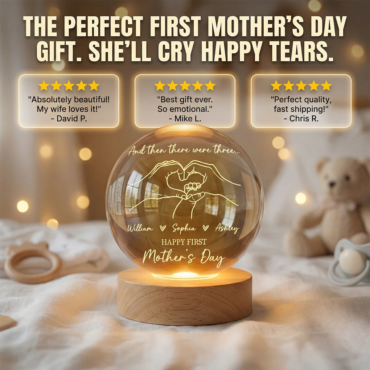 And Then There Were Three Happy First Mother's Day - Personalized Crystal Ball LED Night Light - First Mother's Day Gift For New Mom - Image 5