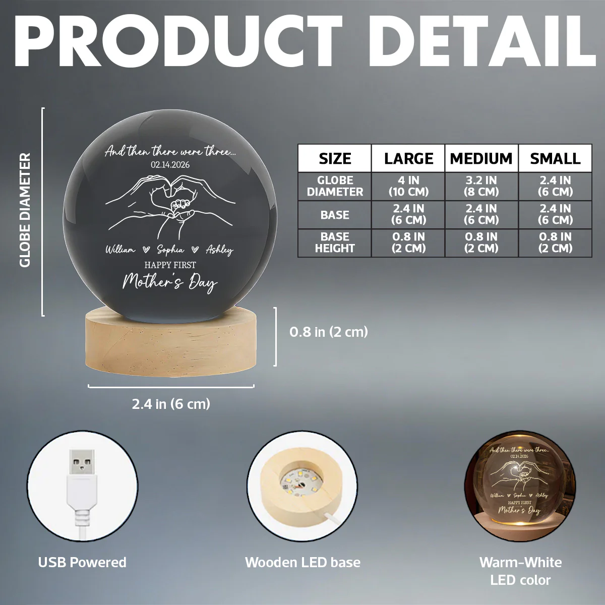 And Then There Were Three Happy First Mother's Day - Personalized Crystal Ball LED Night Light - First Mother's Day Gift For New Mom - Image 7