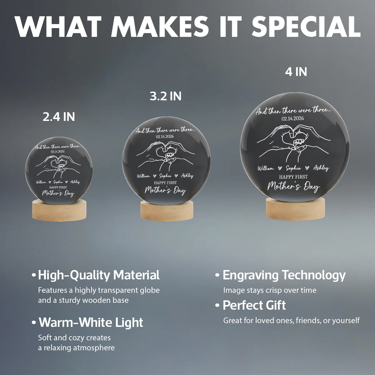 And Then There Were Three Happy First Mother's Day - Personalized Crystal Ball LED Night Light - First Mother's Day Gift For New Mom - Image 8