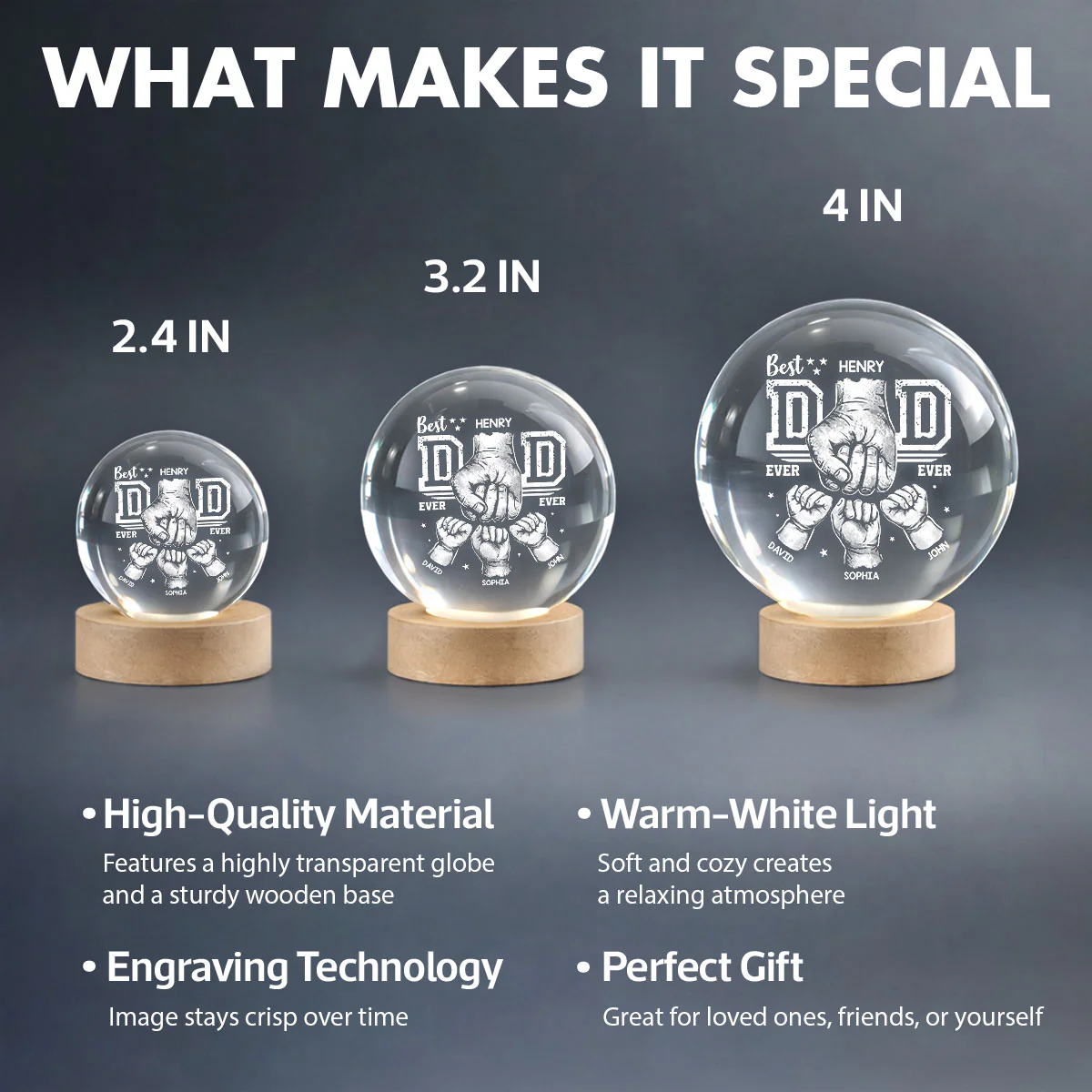 Best Dad Ever - Personalized Crystal Ball LED Night Light - Heartfelt Gift for Dad, Husband - Image 7