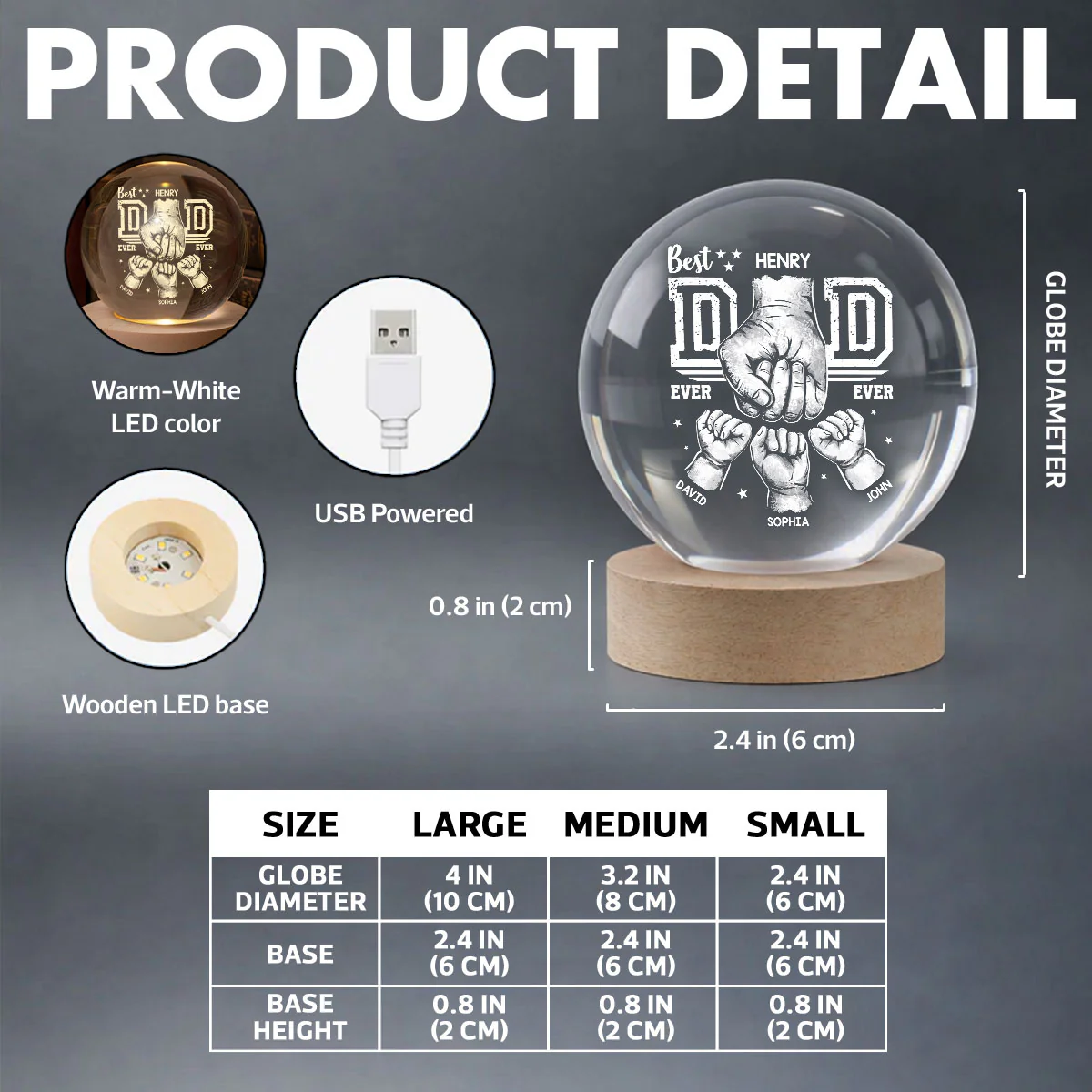 Best Dad Ever - Personalized Crystal Ball LED Night Light - Heartfelt Gift for Dad, Husband - Image 8