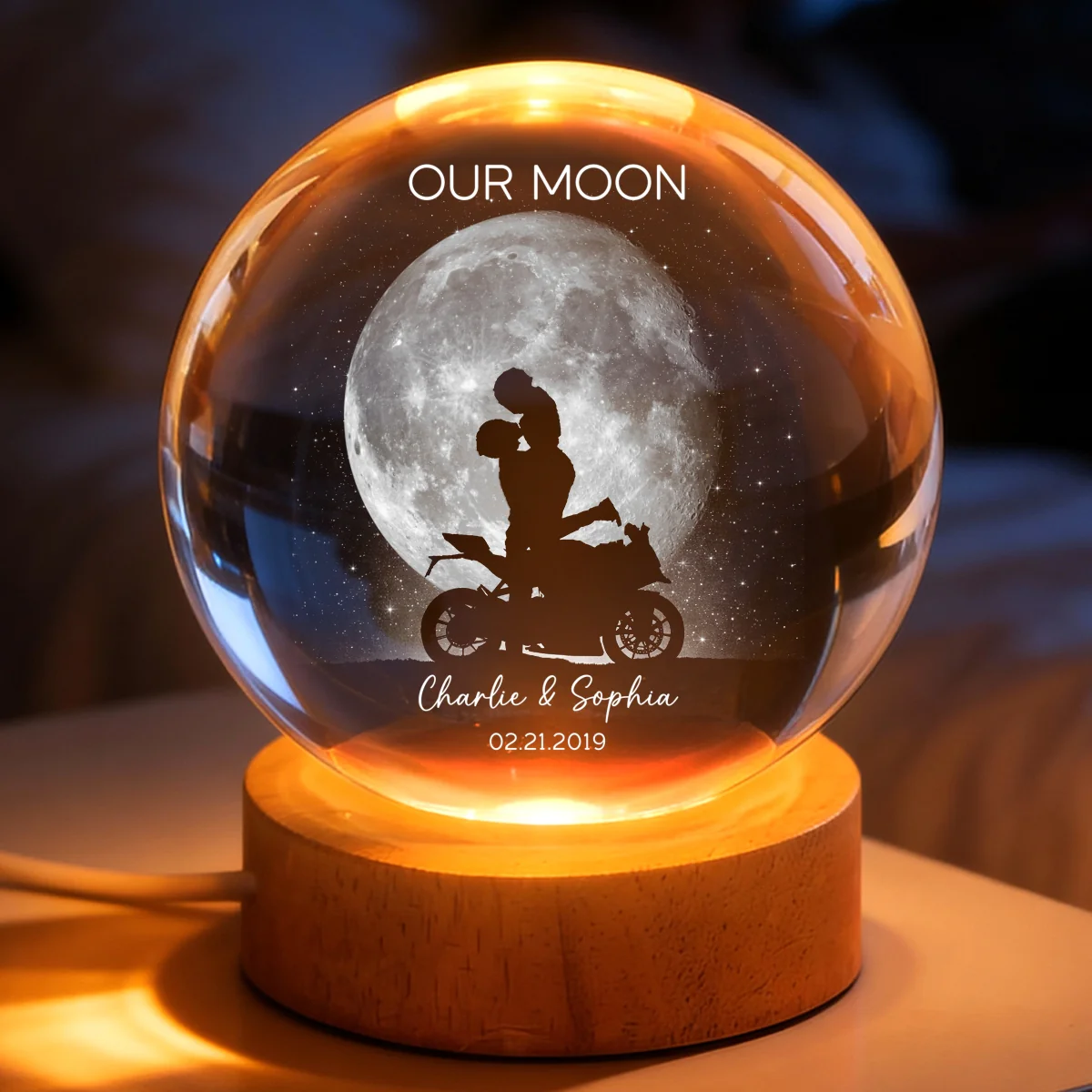 Biker Couple Kissing in the Moonlight, Custom Moon Phase by Date - Personalized Crystal Ball LED Night Light - Heartfelt Valentine's Day Gift for Her, for Him - Image 10
