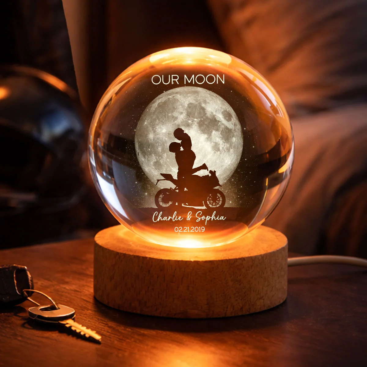 Biker Couple Kissing in the Moonlight, Custom Moon Phase by Date - Personalized Crystal Ball LED Night Light - Heartfelt Valentine's Day Gift for Her, for Him - Image 3