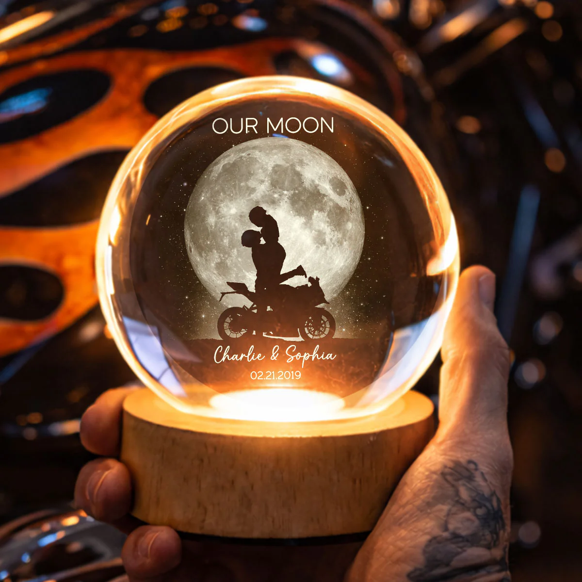 Biker Couple Kissing in the Moonlight, Custom Moon Phase by Date - Personalized Crystal Ball LED Night Light - Heartfelt Valentine's Day Gift for Her, for Him - Image 4